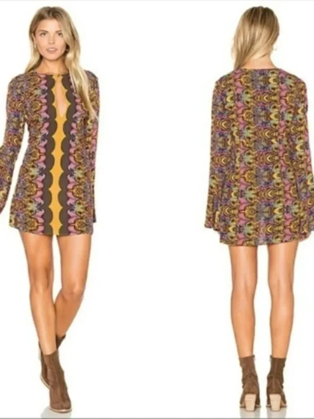 Free People Ossie Vibes Dress Boho Retro 60s Bell Sleeve Mini Tunic Sheath 0 S